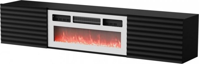 Cama Meble Szafka RTV TULA 183x35x37 czarny mat + biały kominek