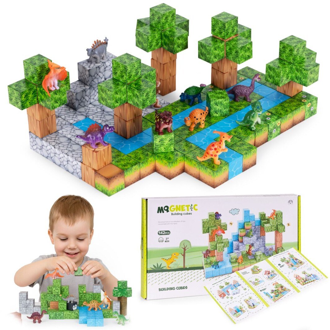 Klocki magnetyczne konstrukcyjne zestaw dla dzieci 142 elementy sześciany dinozaury EDUKAMP