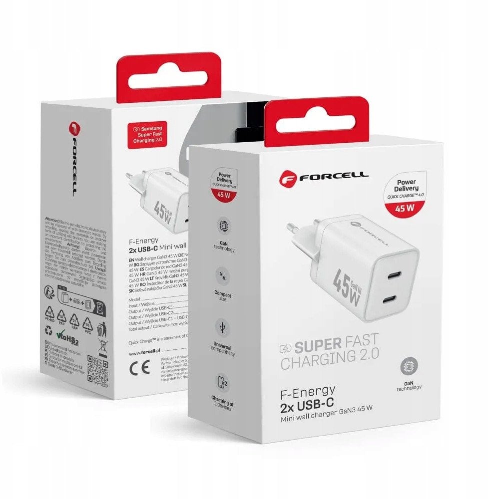 Ładowarka sieciowa do telefonu Forcell F-Energy Mini GaN III 2 x USB C PD QC4.0 45W VT-36B biała