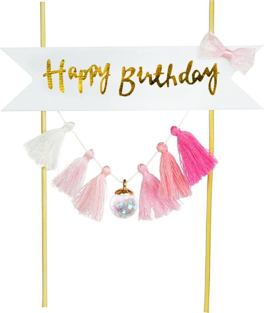 Arpex Dekoracja tortu Happy Birthday - frędzelki różowe one size