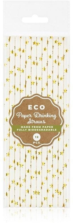 Rurki (słomki) papierowe złote gwiazdki 6x197mm/12szt (błyszczący wzór)