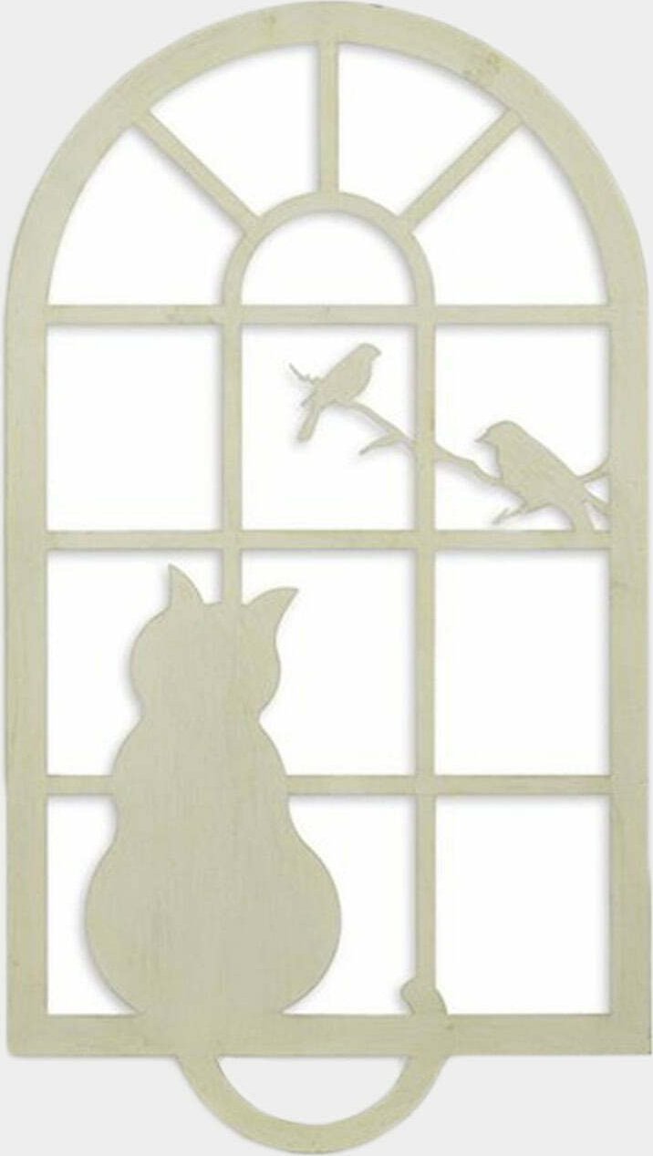 rzezbyzbrazu Metalowy Panel Ścienny Ażurowy Biały Okno z Kotem