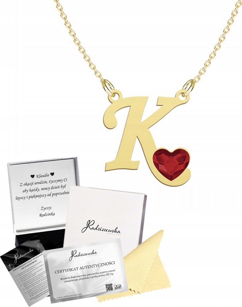 Radziszewska Jewellery Złoty Naszyjnik z Literką K Litera Łańcuszek 925 Prezent DEDYKACJA GRATIS