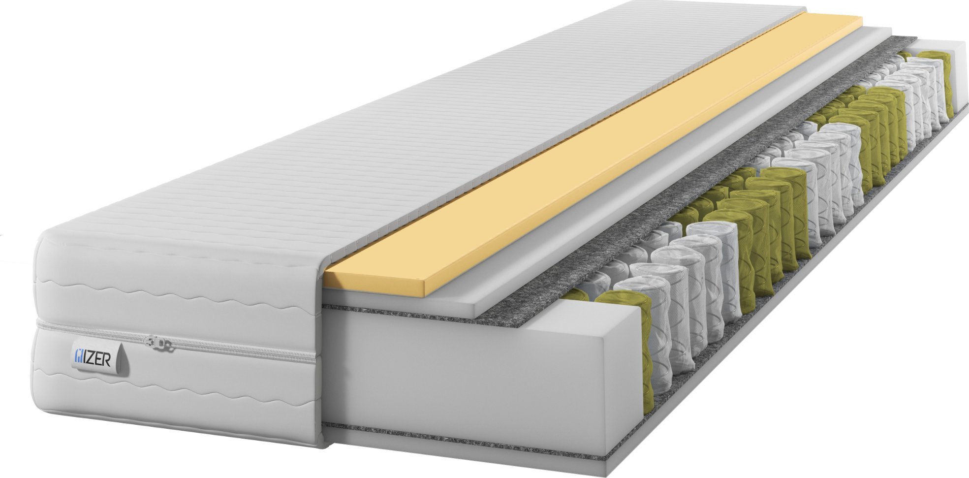 Materac IZER 150x200 | Visco Memory | Dwustronny H2/H3 | 7 stref | Rdzeń ze sprężyn kieszeniowych | Pikowany pokrowiec | Materac sprężynowy
