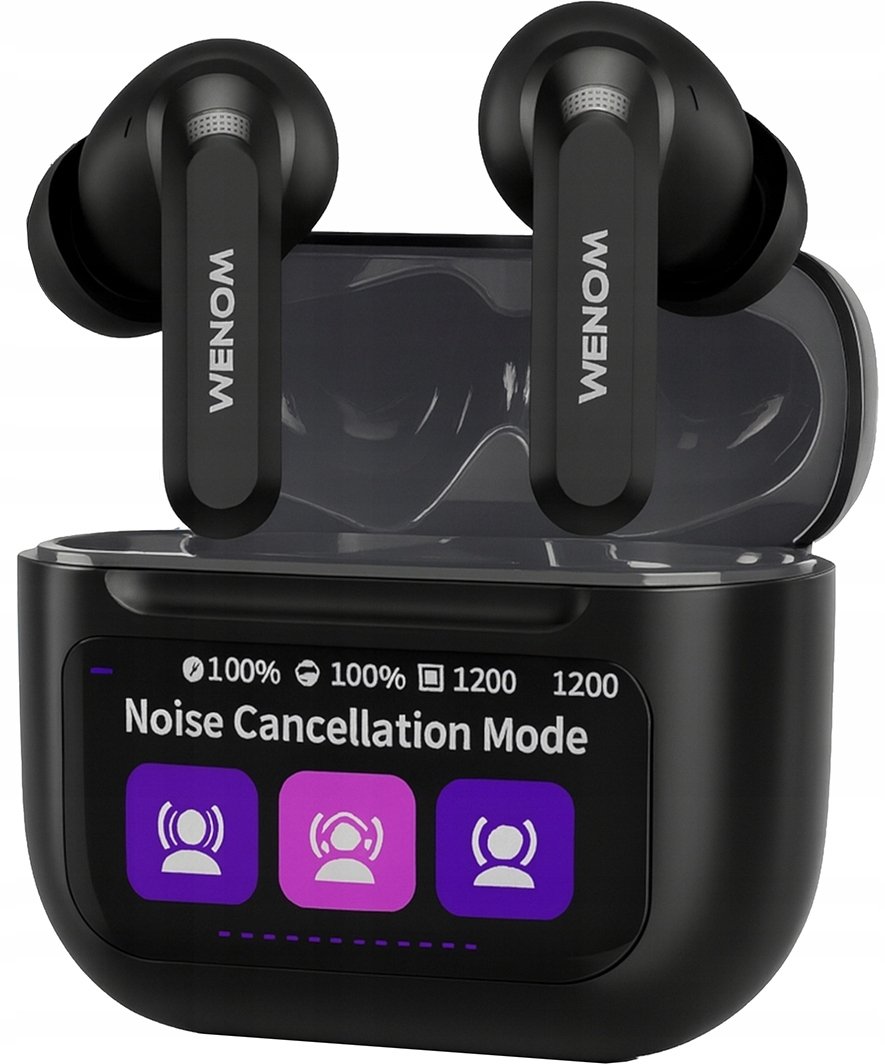 Słuchawki Bluetooth 5.4 Aura Touch PRO ANC. Czarne, dokanałowe, z LCD