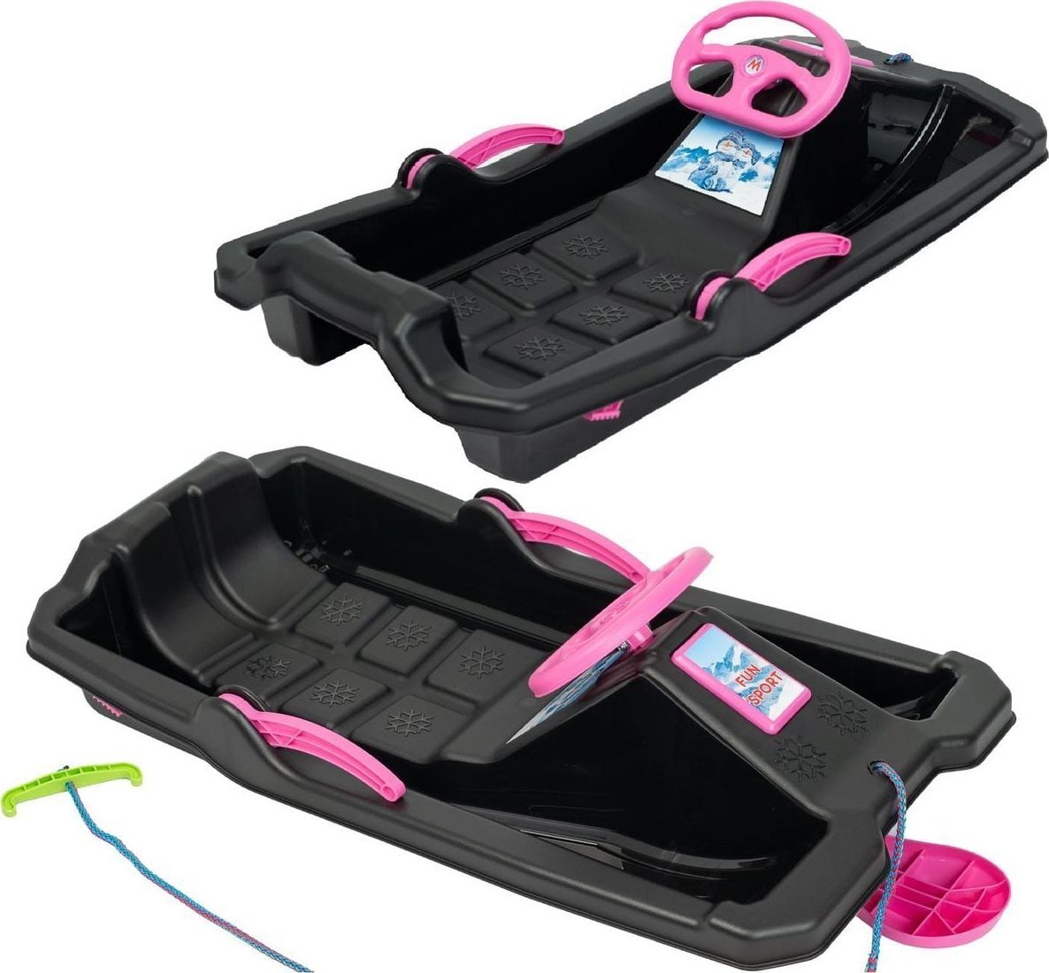 SANKI PLASTIKOWE Z HAMULCEM I KIEROWNICĄ ADAŚ 84x43x25CM CZARNE Z RÓŻOWYM