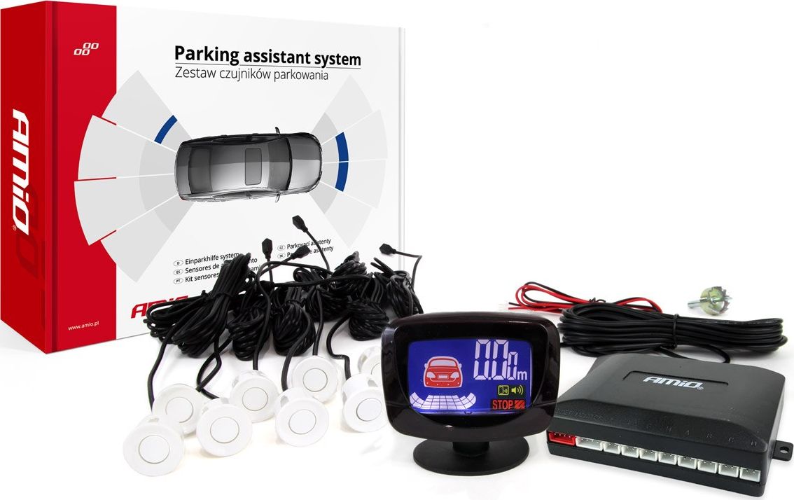 AMiO Zestaw czujników parkowania cofania led-graf 8 sensorów białe