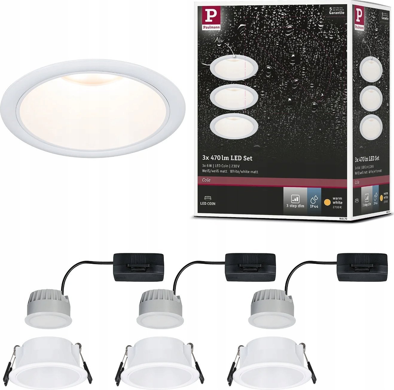 Paulmann Oprawa do wbudowania EBL COLE SET COIN 3-STEP DIM zestaw 3x6W 3x470lm 2700K IP44 230V biały matowy / aluminium