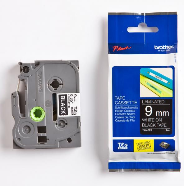 Brother Taśma do drukarek etykiet biały druk / czarny podkład laminowane 9mm x 8m (TZE325)