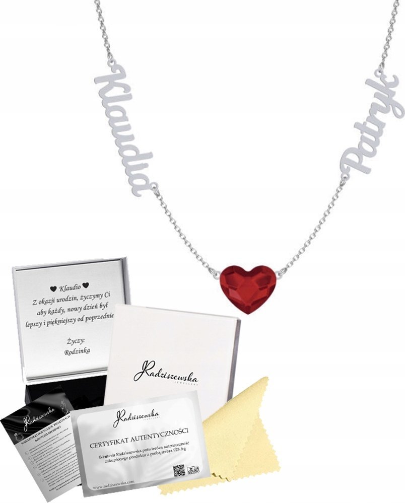 Radziszewska Jewellery Naszyjnik Srebrny Imię Serce Kryształ Prezent Dzień Matki ŻYCZENIA GRATIS