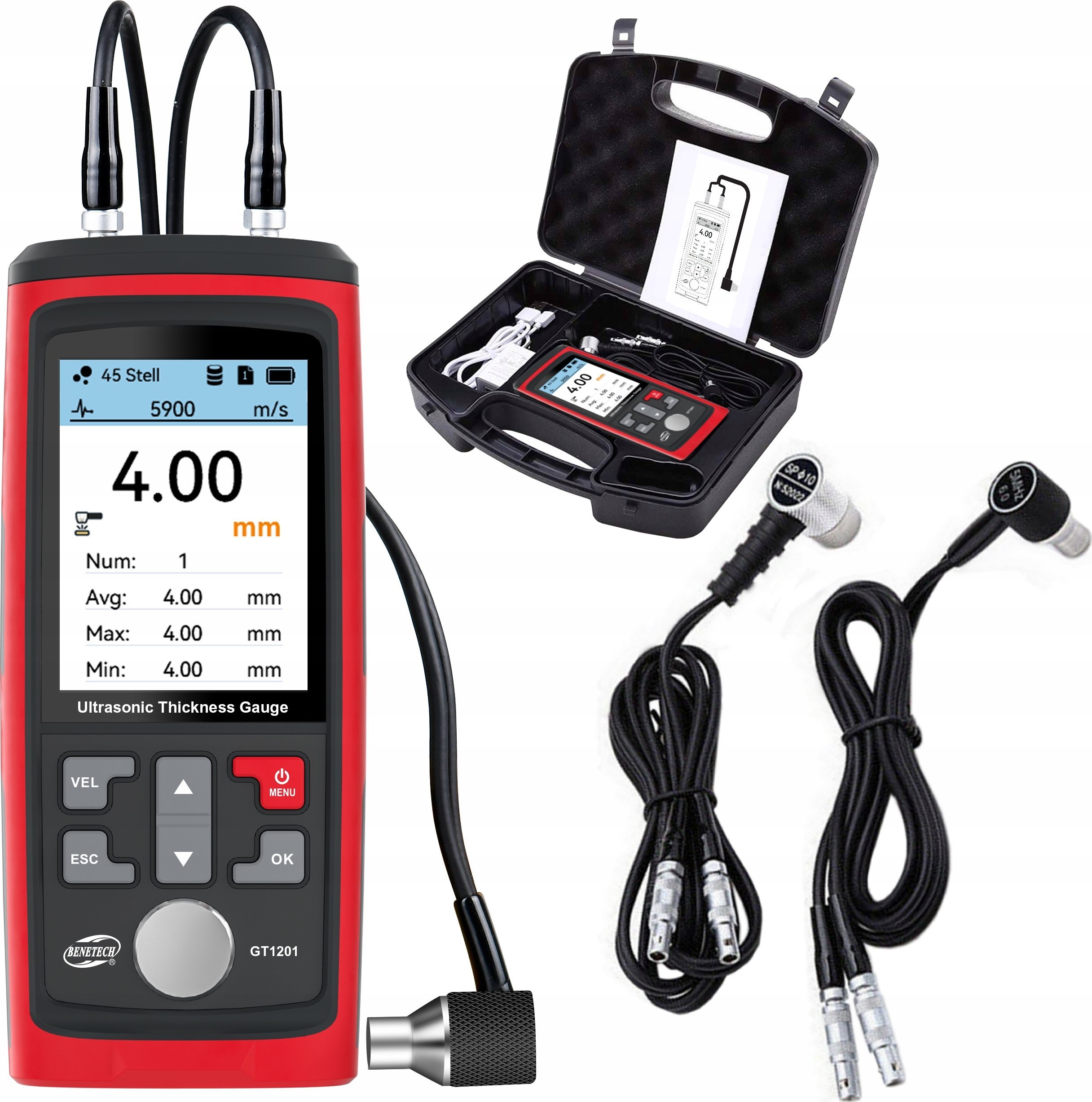 PRECYZYJNY ULTRADŹWIĘKOWY MIERNIK GRUBOŚCI CZYTELNY EKRAN 2x SONDA 1-300mm