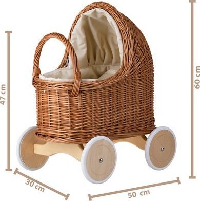 WickerPL LARA XL WÓZEK I KOLEBKA WIKLINOWA DLA LALEK z Beżową Pościelą 50X30 H47/60 / 46X28 H20/25 CM