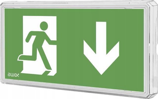 AWEX Piktogram 100x200 26 strzałka dół chłopek w drzwiach logo awex (ISO7010) PN26