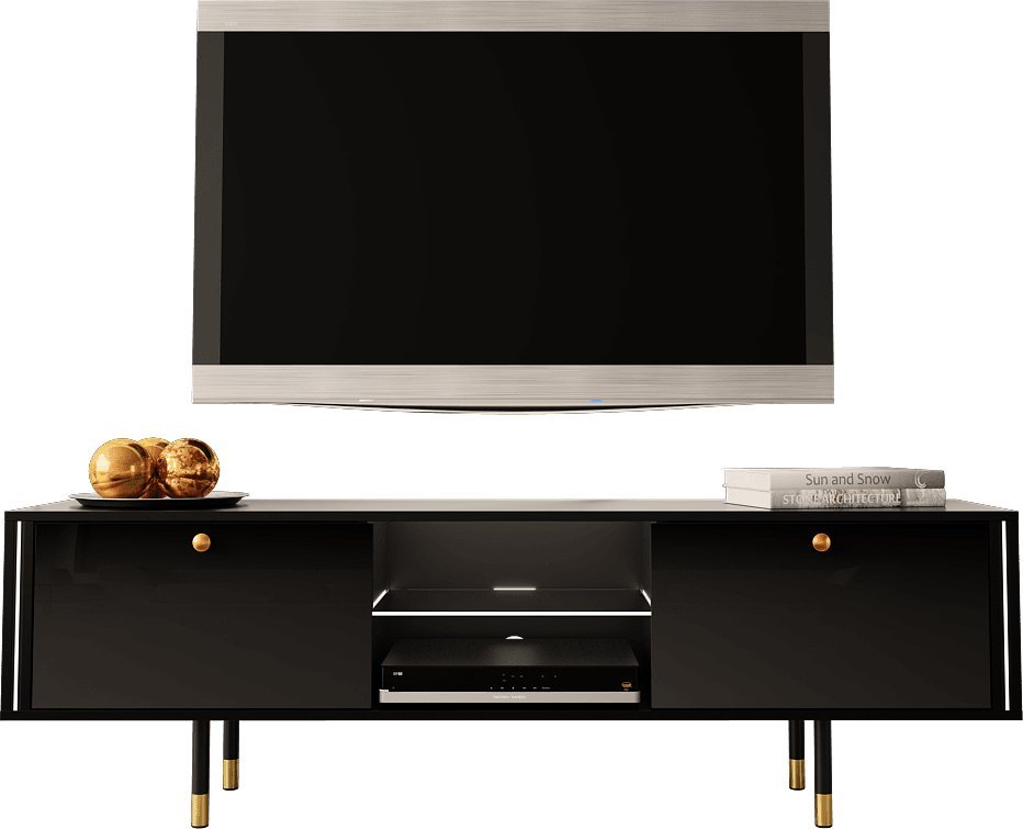 MEGSTYL SZAFKA RTV Z ZŁOTYMI ZDOBIENIAMI - CRISTAL 1 Czarny mat - Czarny połysk