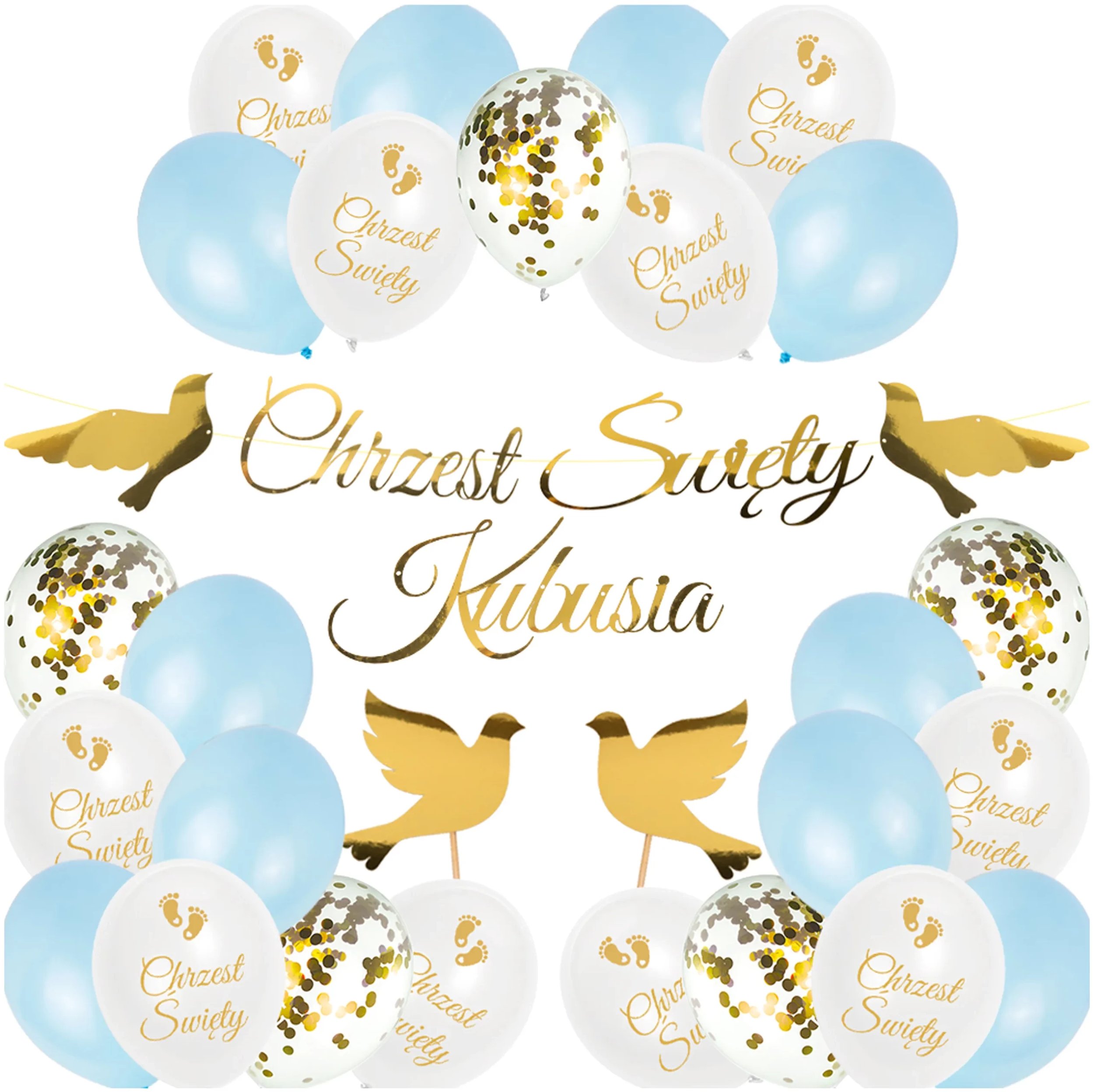 Balony Błękitne Topper Gołębie Baner Z Imieniem Chrzest Święty