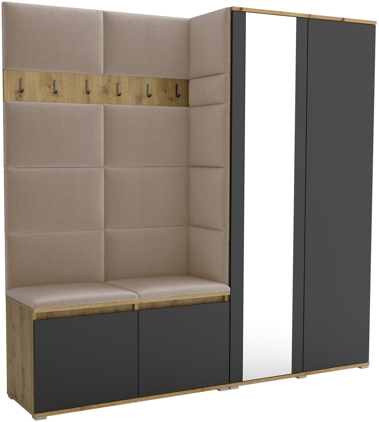 Tapicerowana garderoba Noris IV z lustrem - kolor artisan z czarnym frontem + tkanina Trinity 04
