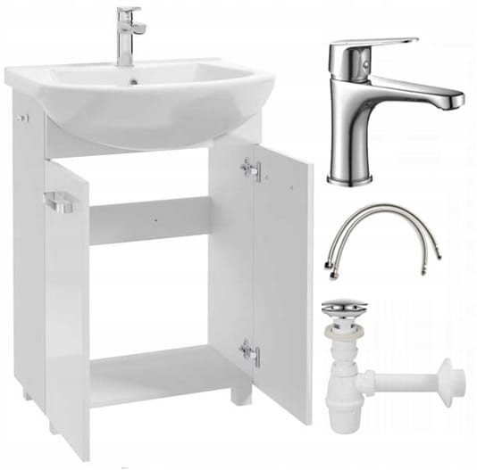 Szafka łazienkowa z umywalką baterią i syfonem 60cm stojąca biały połysk