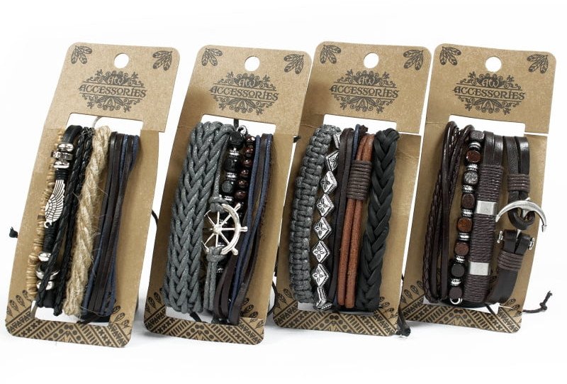 Zestaw Męskich Bransolet - Metal i Skóra