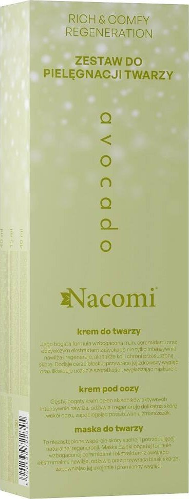 Nacomi Rich & Comfy Regeneration Avocado zestaw krem do twarzy 40ml + krem pod oczy 15ml + maska do twarzy 40ml