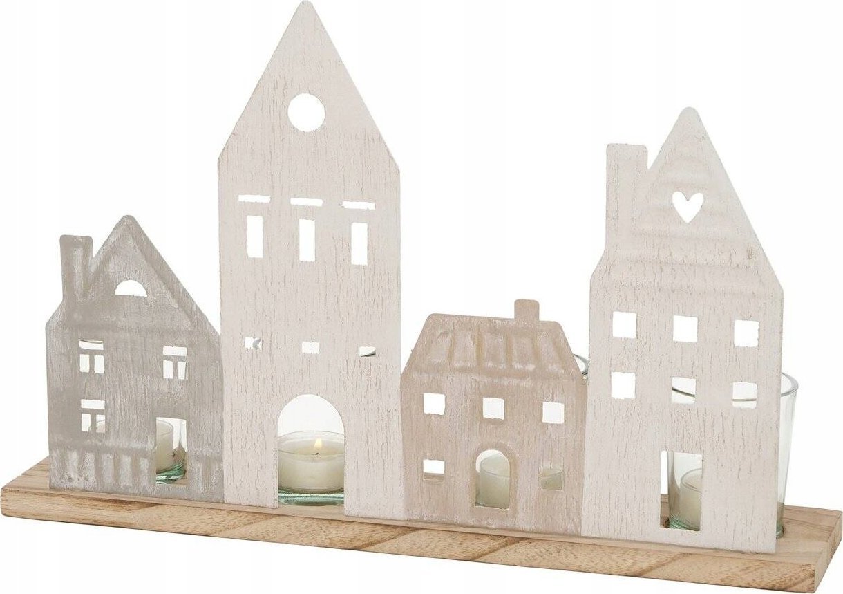 Boltze Świecznik na podgrzewacze, drewniane kamienice, NORDY, 24 x 36 cm