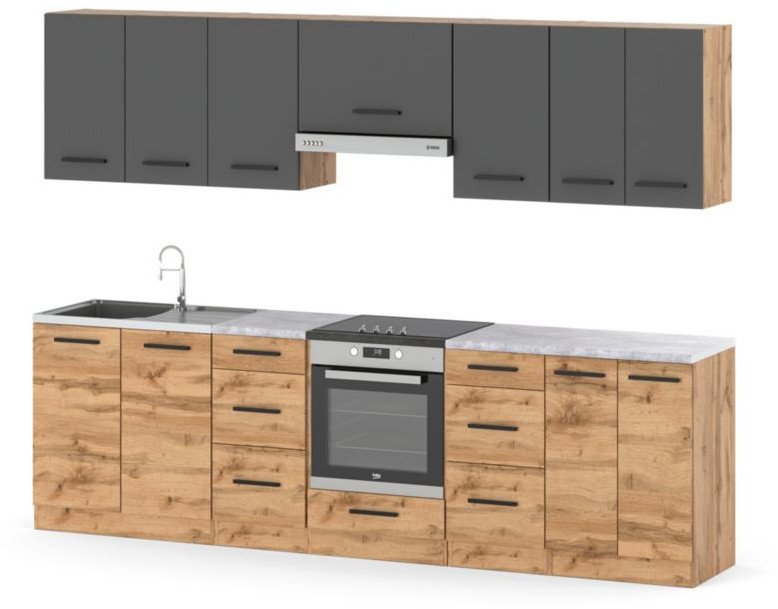 Kuchnia Modułowa Pojemna Szafka Blat Piekarnik 2.8m Wotan Szary Dąb Wotan