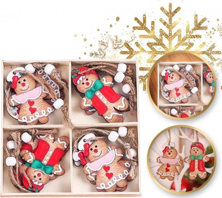 eCarla Komplet zawieszek choinkowych PIERNICZKI drewniane 12 sztuk w opakowaniu BSN47