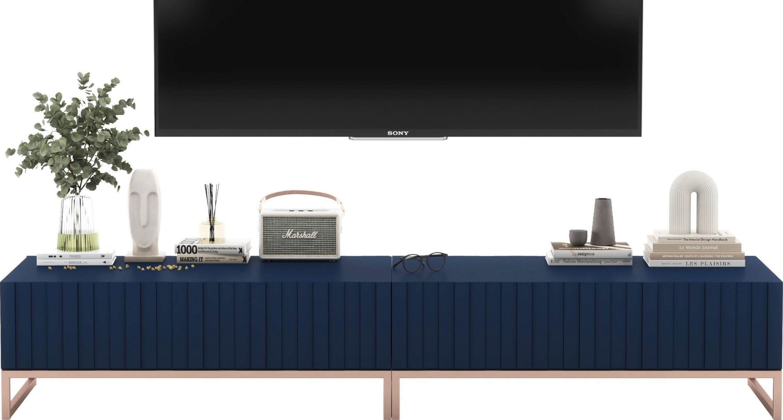 Meble Lindner Szafka RTV Glamour Komoda RTV Meble Lindner Stolik Granatowy Mat Ryflowane Fronty 220 cm