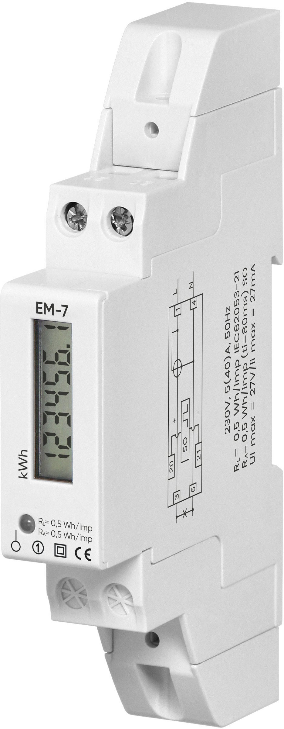 1-fazowy cyfrowy wskaźnik zużycia energii elektrycznej, 40A, 1 moduł, DIN TH-35mm