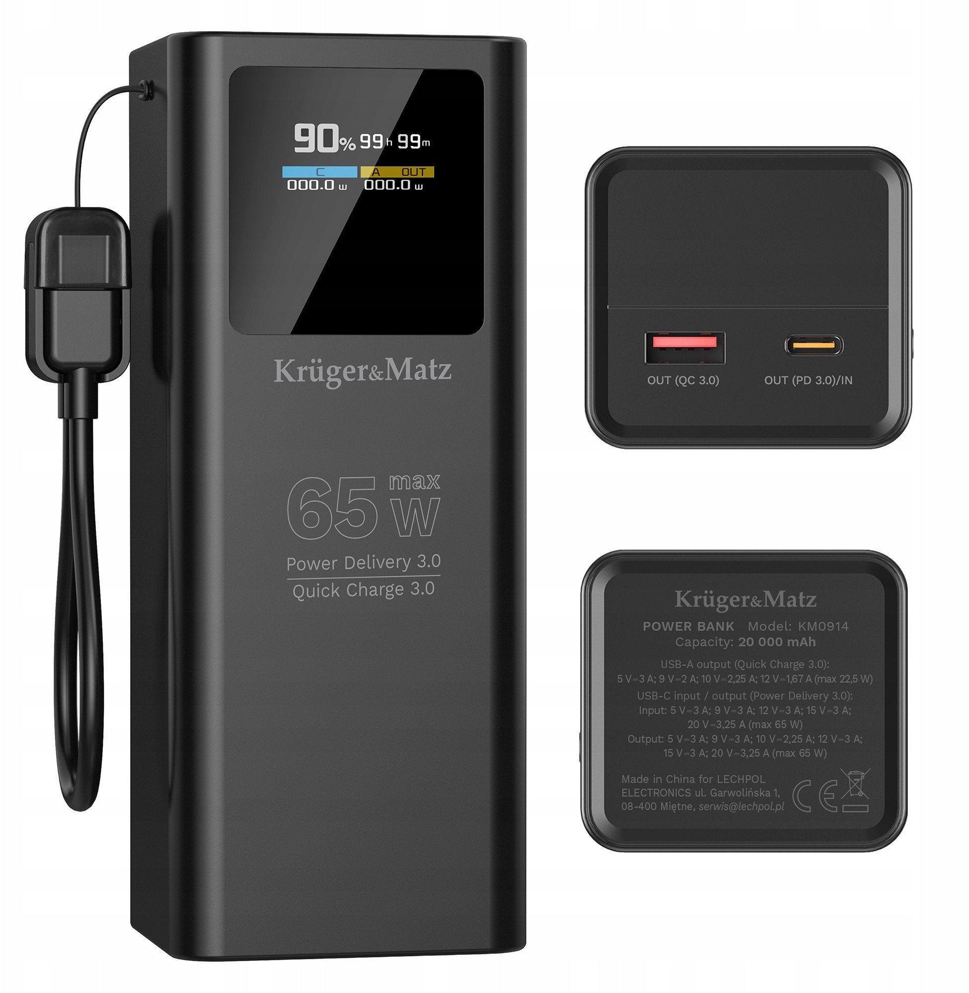 PowerBank Kruger&Matz 20000 mAh Li-ion 65W z funkcją QC oraz PD