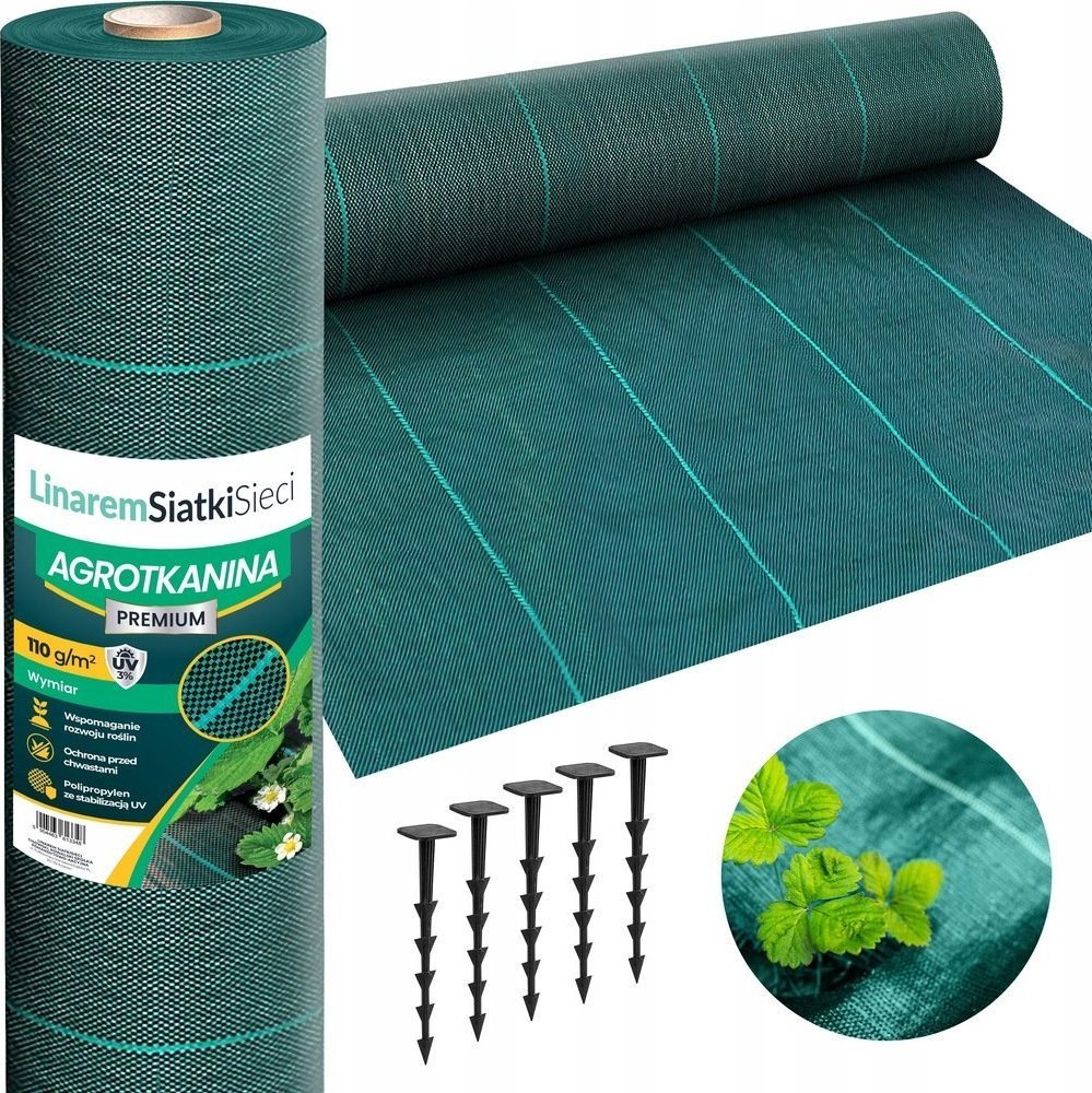 Linarem SiatkiSieci AGROTKANINA 110G 1,1x50m PREMIUM UV 3% AGROWŁÓKNINA ZIELONA MATA + KOŁKI