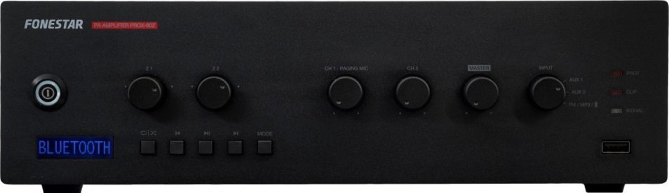 Fonestar PROX-60Z - Strefowy wzmacniacz P.A. 60 W RMS, 100 V/4 , odtwarzacz BT/USB/FM,