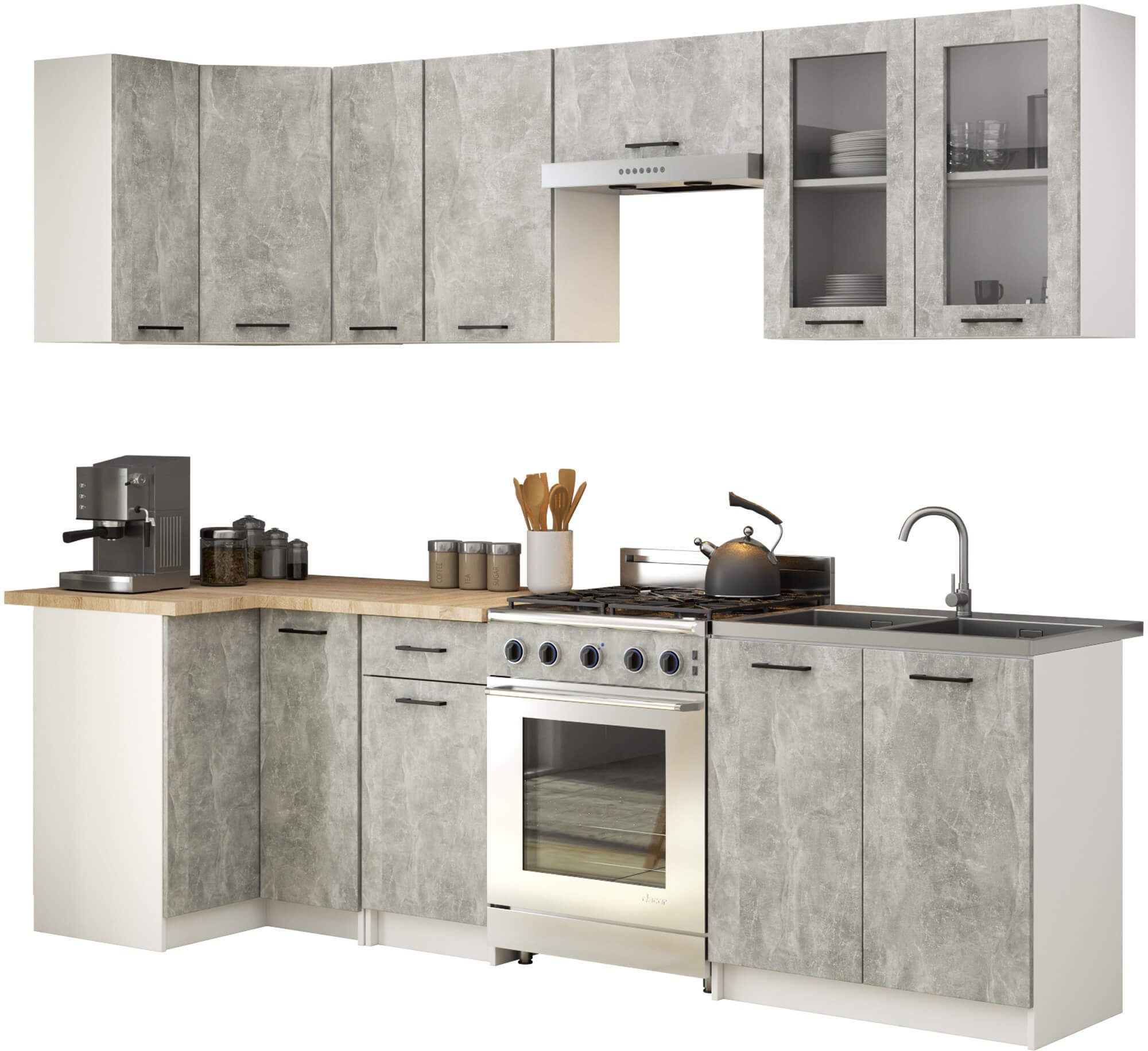 MEBLE KUCHENNE ZESTAW NAROŻNY Z WITRYNĄ OLIWIA 3M H720 BETON