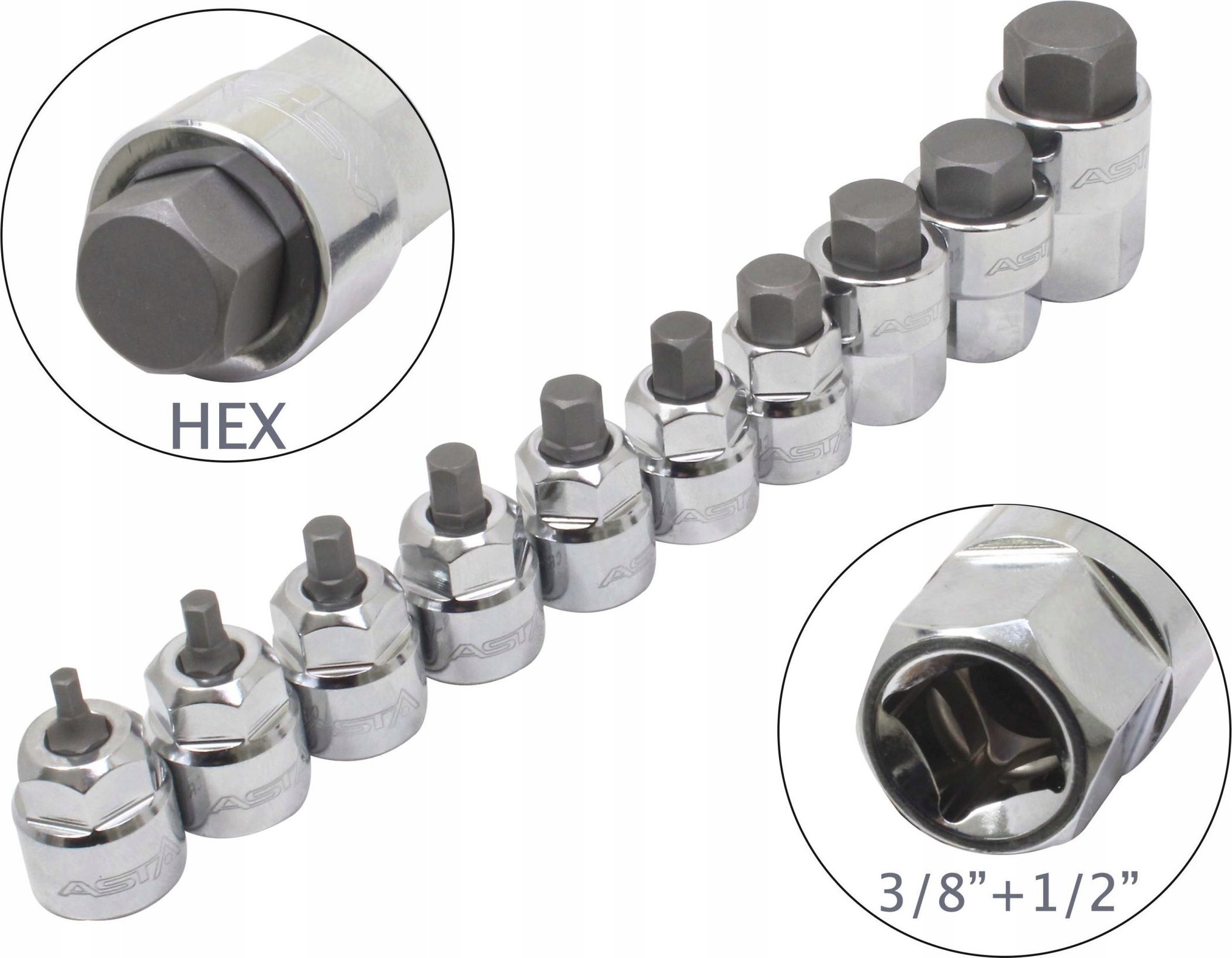 ASTA LOW PROFILE SOCKETS - HEX 3/8" - 1/2" ON RAIL