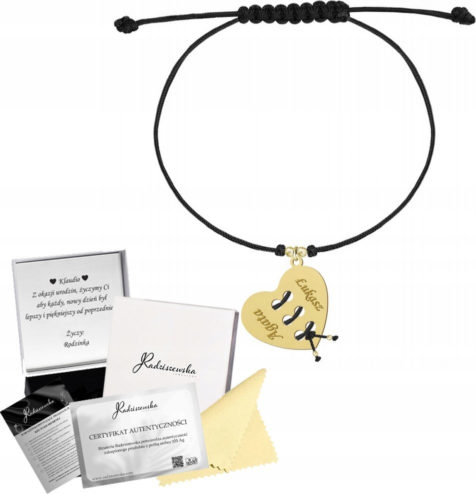 Radziszewska Jewellery Złota Bransoletka Serce Wiązane Sznurek Dzień Mamy 925 Prezent GRAWER