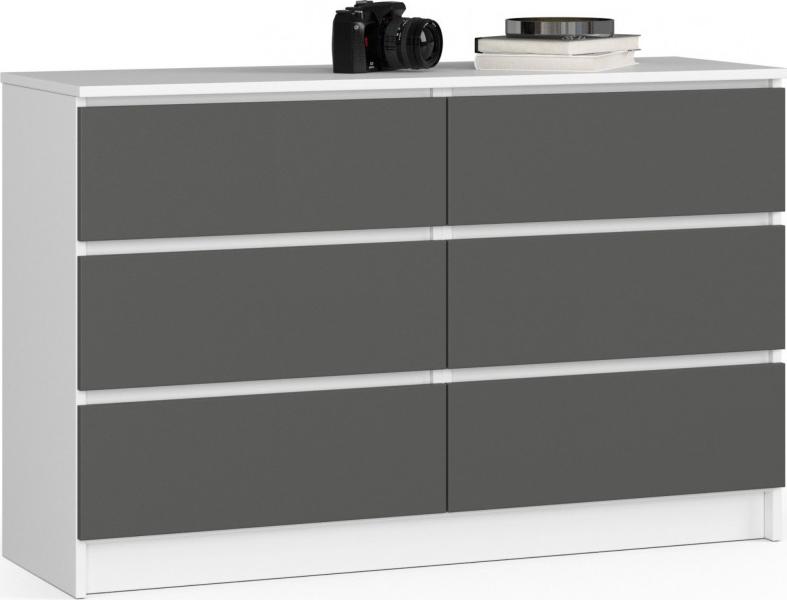 Fabryka Mebli Akord Komoda do salonu K 120 cm 6 szuflad - biała-grafit szary