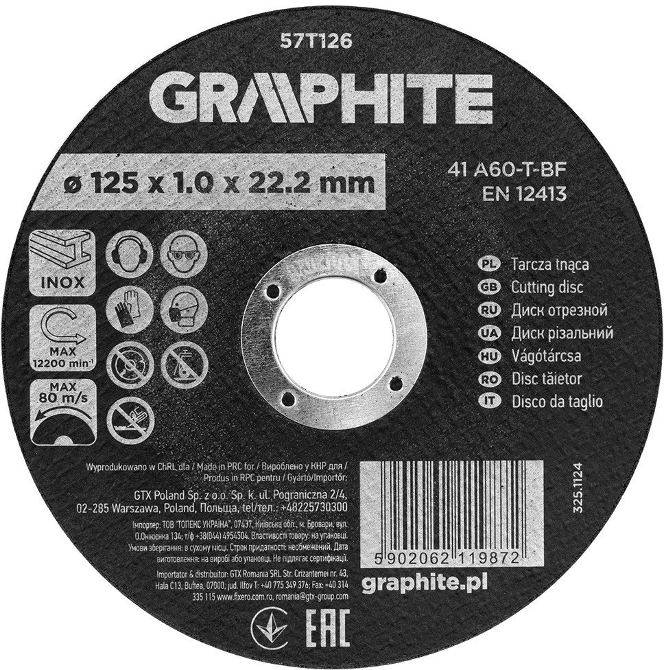 Tarcza tnąca, korundowa do metalu/INOX 125 x 1.0 x 22.2 mm, 41 A60-T-BF, kartonik 110 sztuk