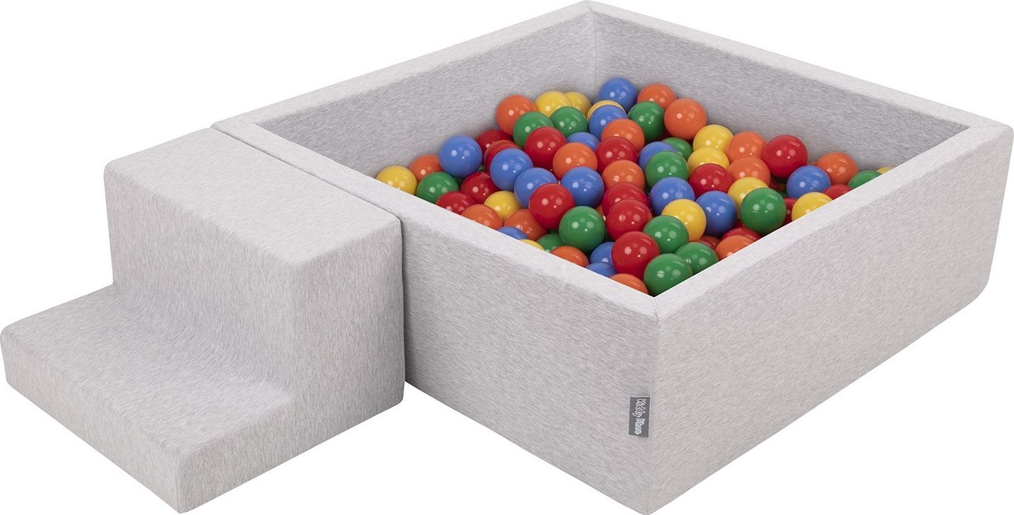KiddyMoon Piankowy plac zabaw PPZP-KW30D-122 z piłeczkami jasnoszary: żółty-zielony-niebieski-czerwony-pomarańcz basen 200/schodek Zabawka plac zabaw