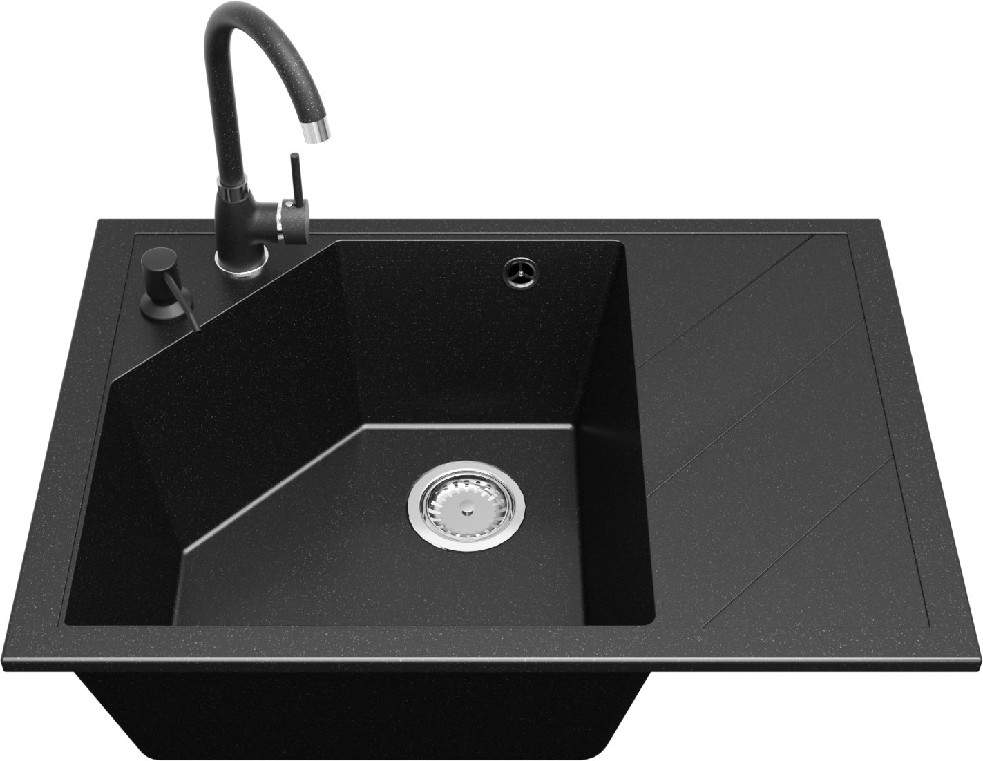 Zlewozmywak jednokomorowy z ociekaczem LUBA grafitowy + bateria NOON + dozownik