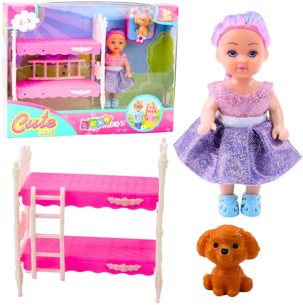 Zestaw Mini Laleczka W Sukience Łóżeczko Dwupiętrowe Piesek