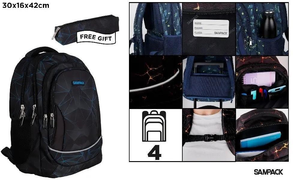 Plecak czterokomorowy 30x16x42cm + piórnik