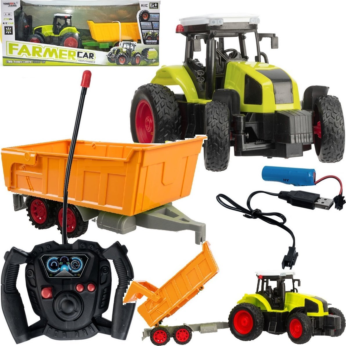 Qulki DUŻY TRAKTOR ZDALNIE STEROWANY Z PRZYCZEPĄ RC CIĄGNIK 39cm ładowanie USB