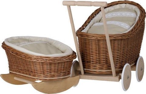 WickerPL ZESTAW WIKLINOWY DLA LALEK Z BEŻOWYM OBSZYCIEM 46x30 H20/26 / 48x28 H46 CM