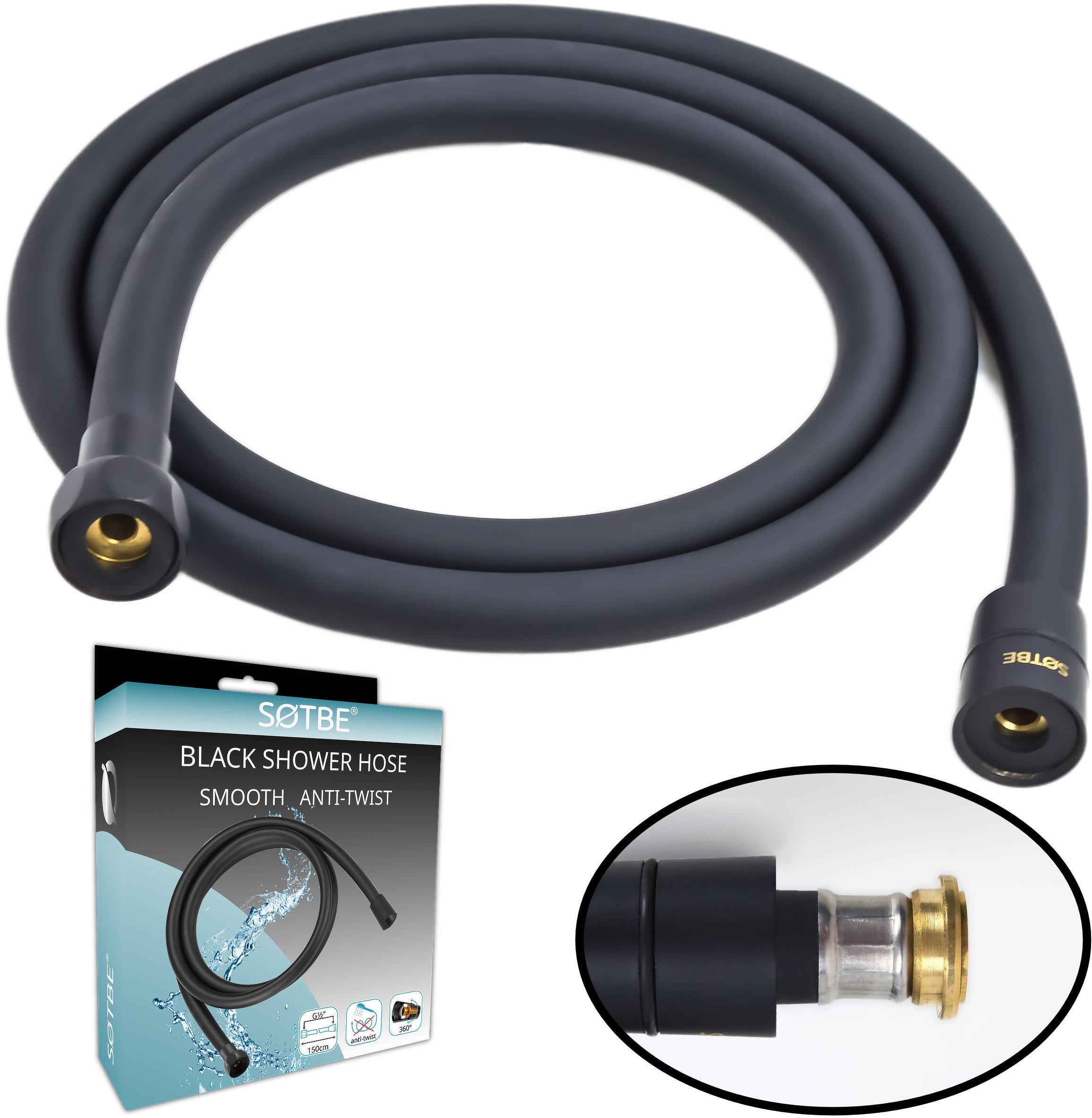 LARK BLACK gładki wąż prysznicowy wzmacniany antyskrętny 150 cm. czarny SOTBE