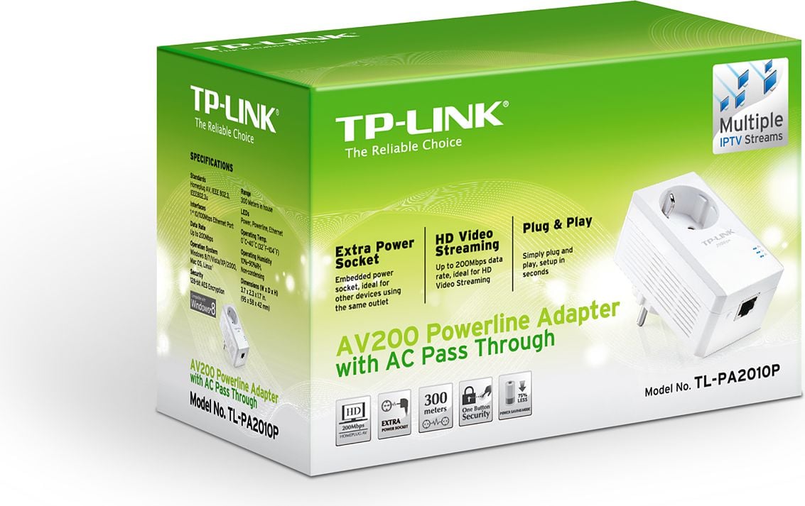 Adapter powerline TP-Link Power Line 200Mbps 1x10/100 z gniazdkiem elektr. (TL-PA2010P)