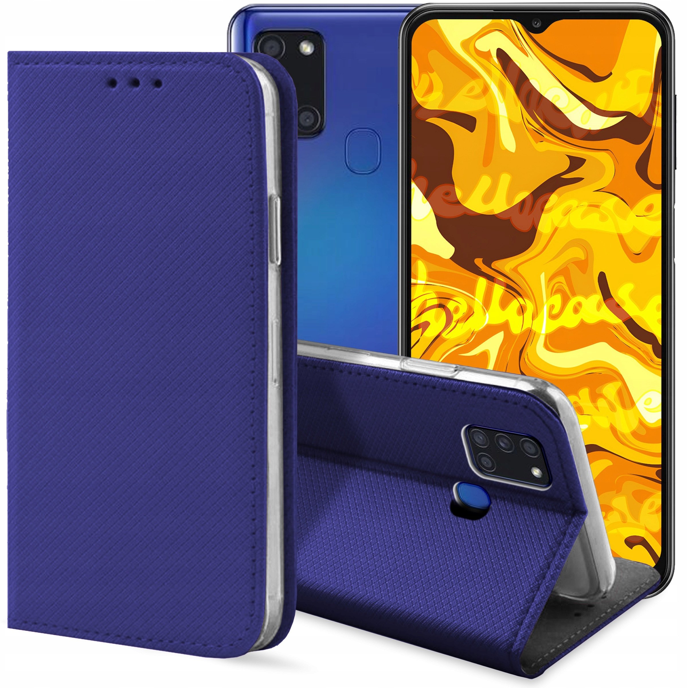 ETUI Z KLAPKĄ DO SAMSUNG GALAXY A21S GRANATOWE ZAMYKANE MAGNETYCZNE KABURA