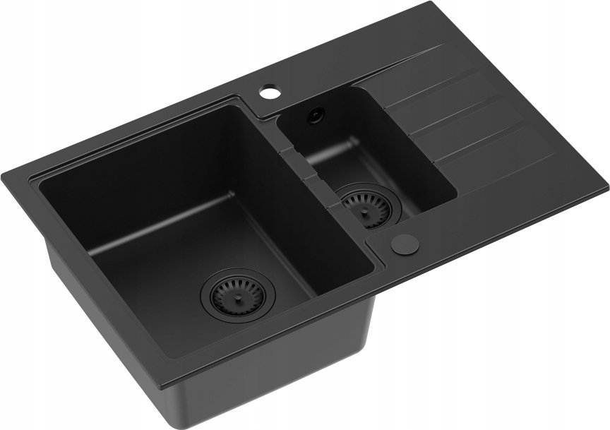 Zlewozmywak GraniteQ PETER 156 GraniteQ zlewozmywak granitowy pure carbon 1,5-komorowy z/o (78x50x20) z syfonem pure carbon i zaślepką kol. czarny