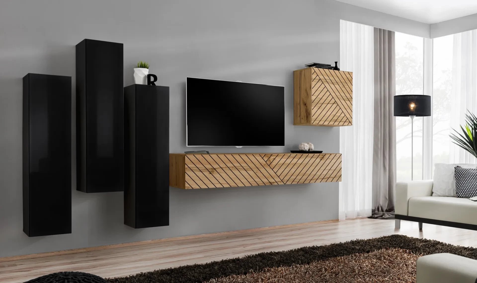 Meblościanka SWITCH LAMEL III czarna/dąb wotan ASM Meble