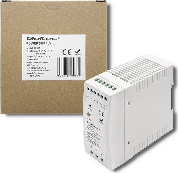 Qoltec Zasilacz na szynę DIN | 40W | 24V | 1.67A | Biały | Slim