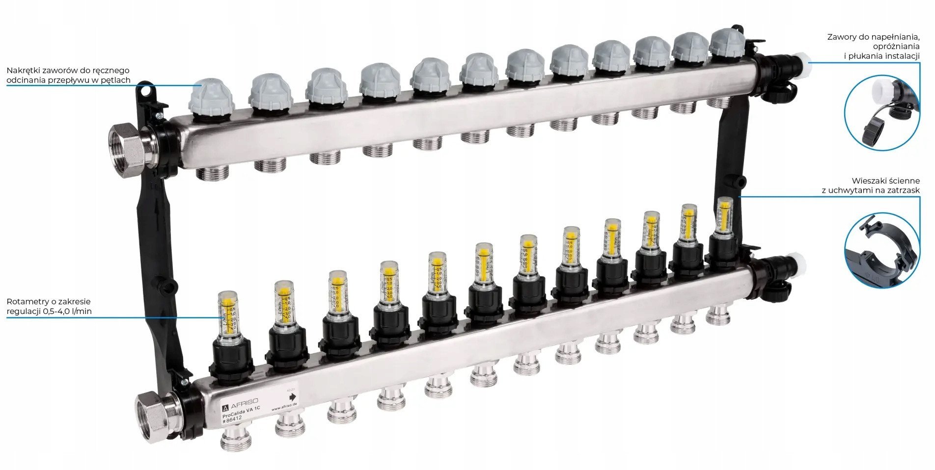 Rozdzielacz ProCalida VA 1C ze stali nierdzewnej, 12 obiegów , nakrętki G1 0,5 - 4,0 l/minA