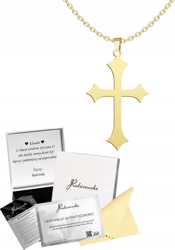 Radziszewska Jewellery Złoty Naszyjnik z Krzyżem Łańcuszek SREBRO 925 Prezent ŻYCZENIA GRATIS